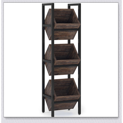 3-Tier Industrial Basket Stand with Angled Baskets for Rustic Vertical Storage, Ideal for Kitchen, Pantry, and Bathroom Organization