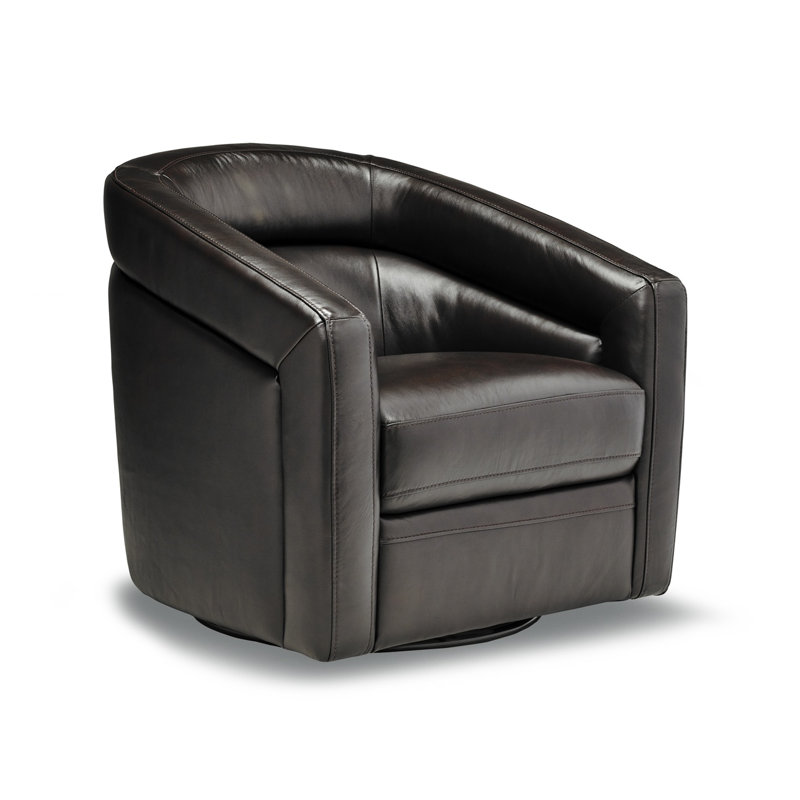 Dowlin Upholstered Swivel Barrel Chair, Brown Genuine Leather