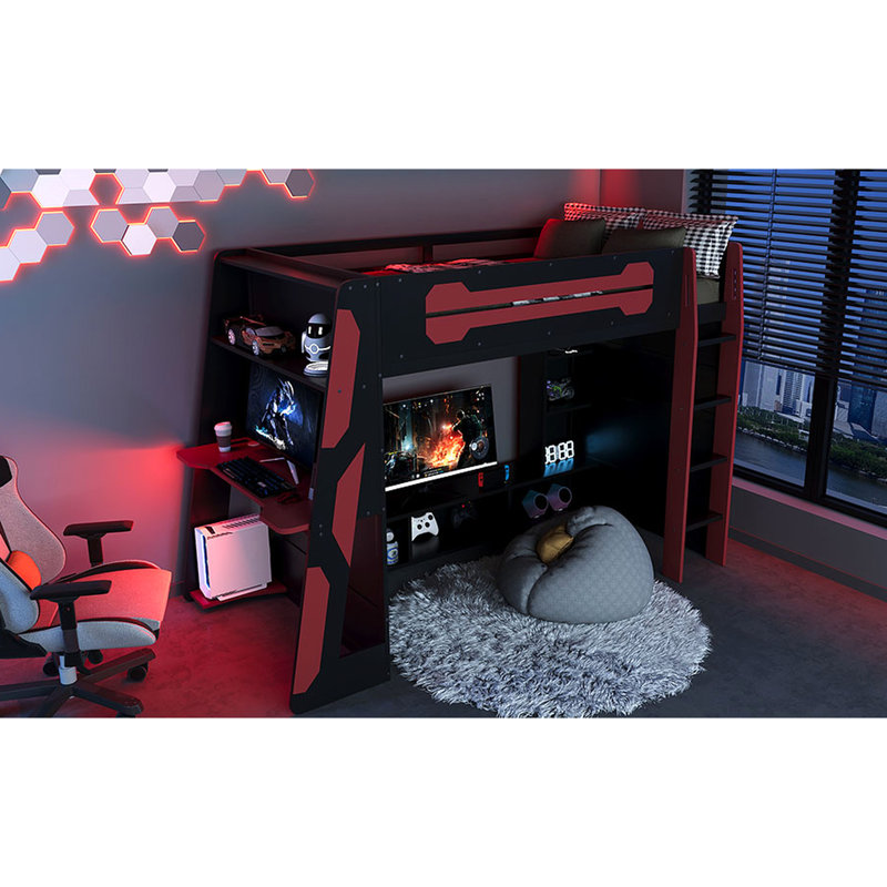Lit mezzanine simple en bois rouge avec bureau intégré et espace de divertissement inférieur, éclairage de produit de 186,5 lb