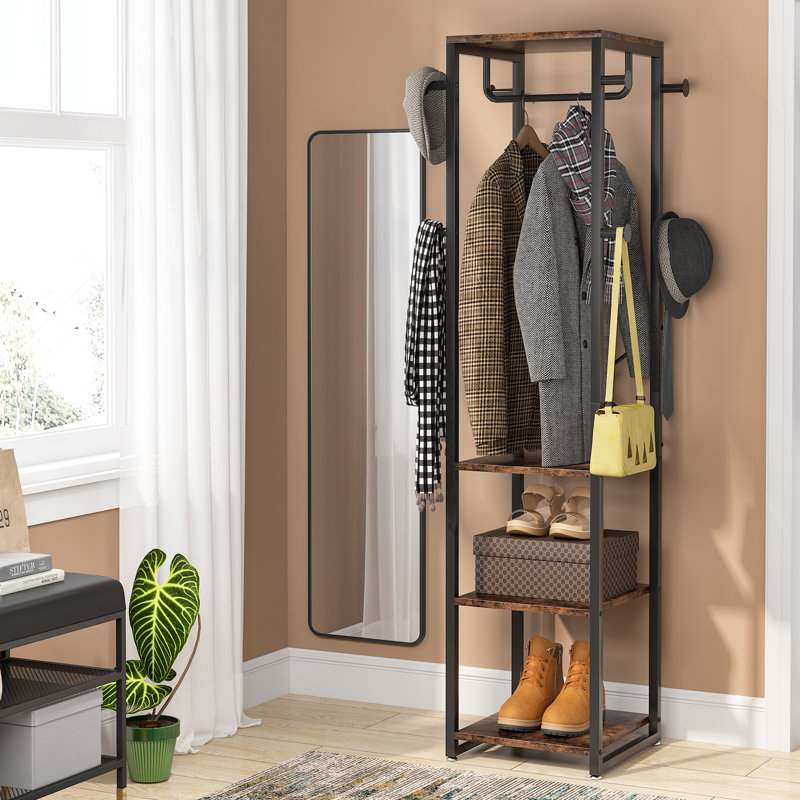 Reelika 15.75'' Wide 8 - Hook Freestanding Coat Rack with Storage in Brown/Black