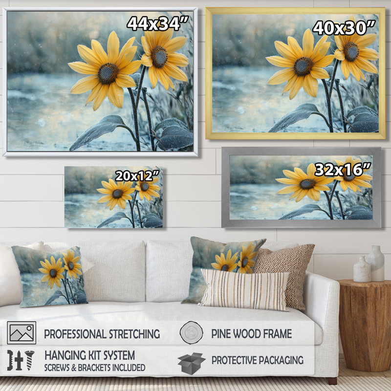 «Doneva Sunflowers By The Frozen Pond II» - Art mural tournesols, H 30 po x l 40 po, Noir, noir, noir, noir