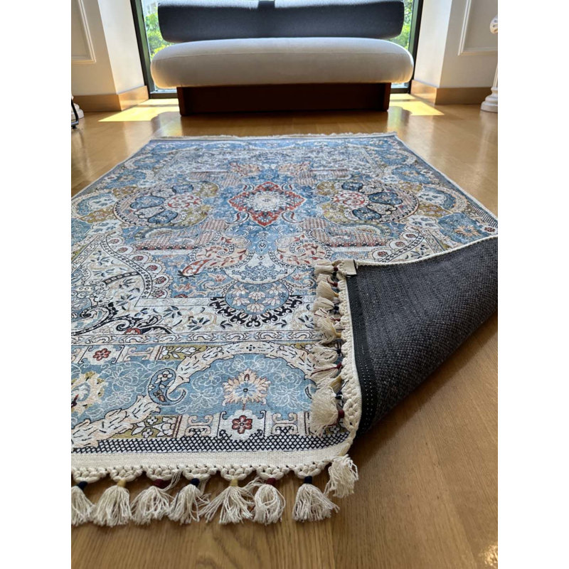 Coton à imprimé numérique oriental bleu Toscana Tapis chenille antidérapant, Rectangle 3 pi 11 po x 8 pi 10 po