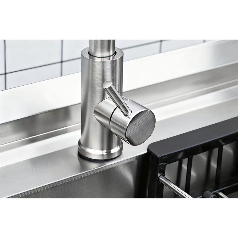 Évier autoportant en acier inoxydable 3 présentant une apparence contrastée noire et argentée, grand compartiment de rangement spacieux, robinet de nettoyage escamotable, nettoyage facile, tuyau de grille inférieur
