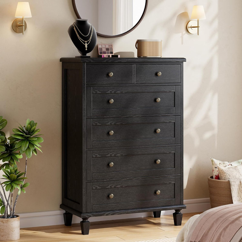 Commode haute 6 tiroirs Vintage avec pieds fuselés, commode en bois, noir, Noir