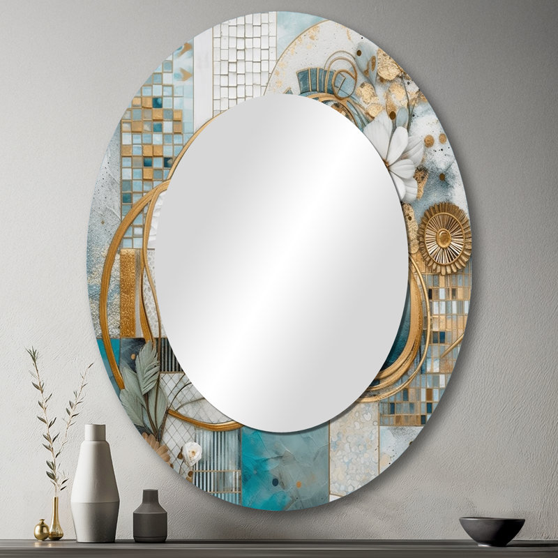 Golden Blue Mosaic Floral Design II - Large Oval Wall Mirror On Metal, 43" x 33"