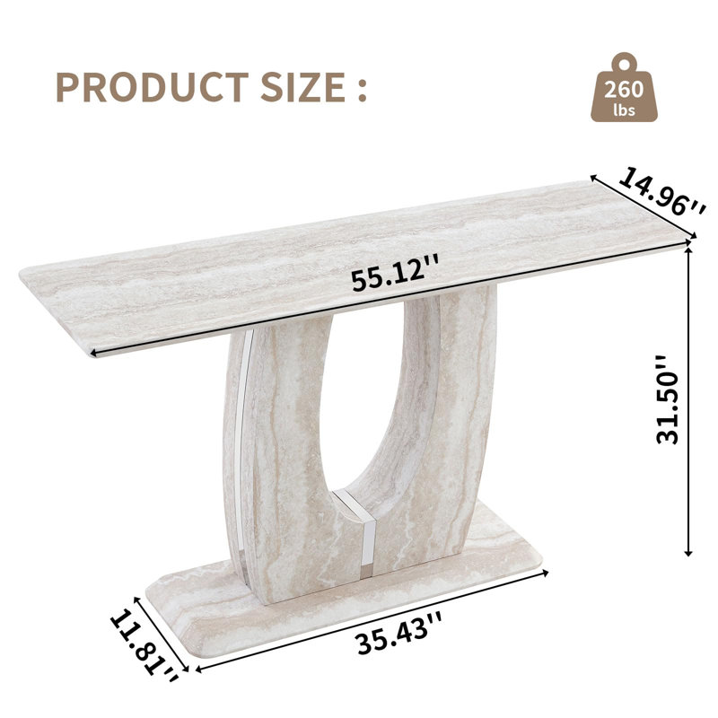Light Finish Narrow Console Table, 55" Behind Couch Sofa Table with Faux Marble Pattern Top & U-Shaped Base for Entryway Hallway