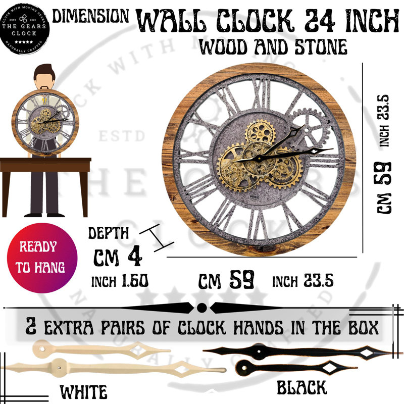 24" Rustic Wood and Stone Oversized Wall Clock with Moving Gears