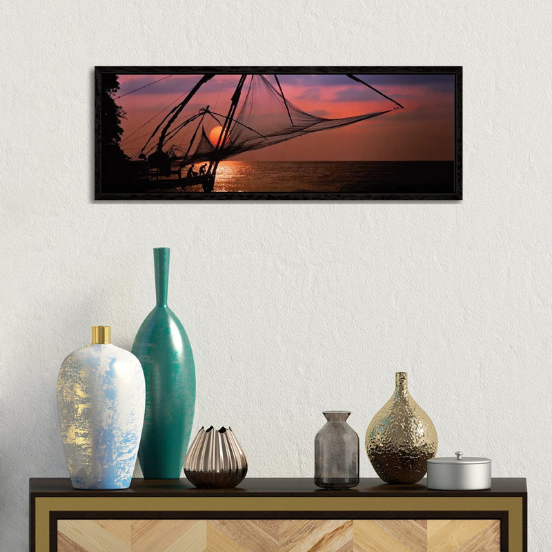 Fishing Nets Cochin India by Panoramic Images - Print on Canvas, Black Framed, 30.48 cm H x 91.44 cm W
