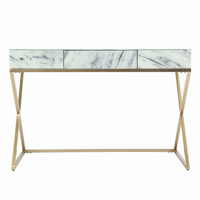 45" White and Bronze Glass and Iron Sled With Two Drawers