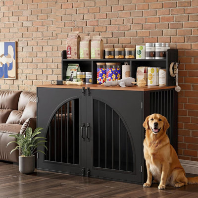 Cage pour chien de 119 cm (47 pouces) avec tablette de rangement ouverte et deux crochets latéraux, structure robuste en fer et bois, table d'appoint pour grands chiens
