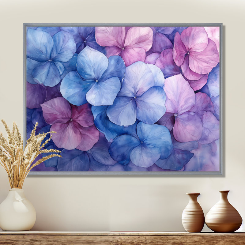Imojene hortensia à l'aquarelle, encre mauve III - hydrangées, art mural, Argent argent, H 12 po x l 20 po