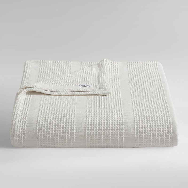Calvin Klein Waffle Stripe Cotton Reversible Blanket, King, Ivory