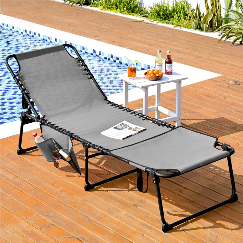 Outdoor Folding Tanning Chair Extended Portable Beach Lounger with Face Hole and Adjustable 5-Position, Gray