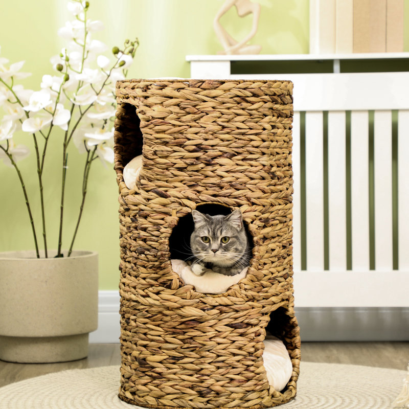 Lit pour chat avec trois emplacements cachés et quatre coussins moelleux - construction de jacinthe d'eau tissée à la main