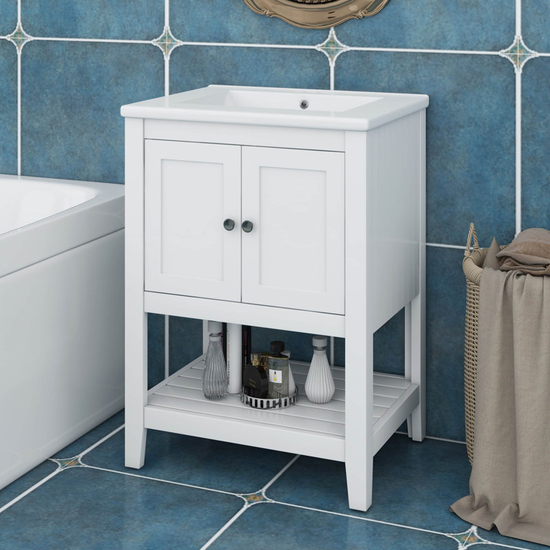 Meuble-lavabo 24 po avec lavabo, meuble-lavabo simple avec portes et tablette ouverte, petit meuble-lavabo avec lavabo, Blanc