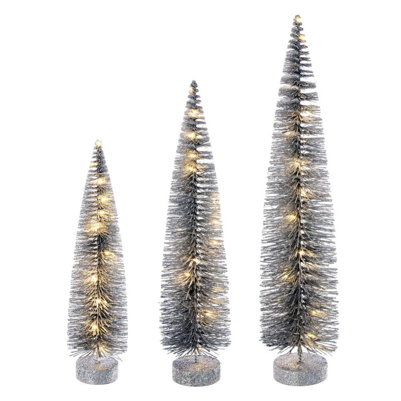  Ensemble d'arbre à brosse à bouteilles argentées de 16 à 20 po à 24 po., H 2 pi, Argent argent, Blanc chaud