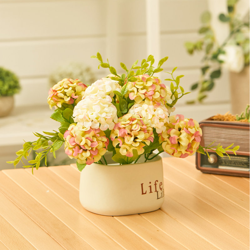 Artificial Hydrangea Flower in Ceramic Planter for Desktop Decoration, White/Green