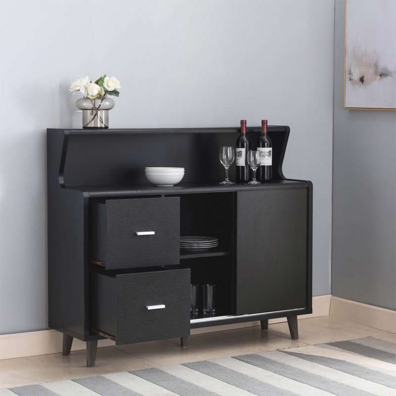Buffet Cabinet, Coffee Bar with Storage Compartments, Two Drawers, Shelving with Sliding Door, Black