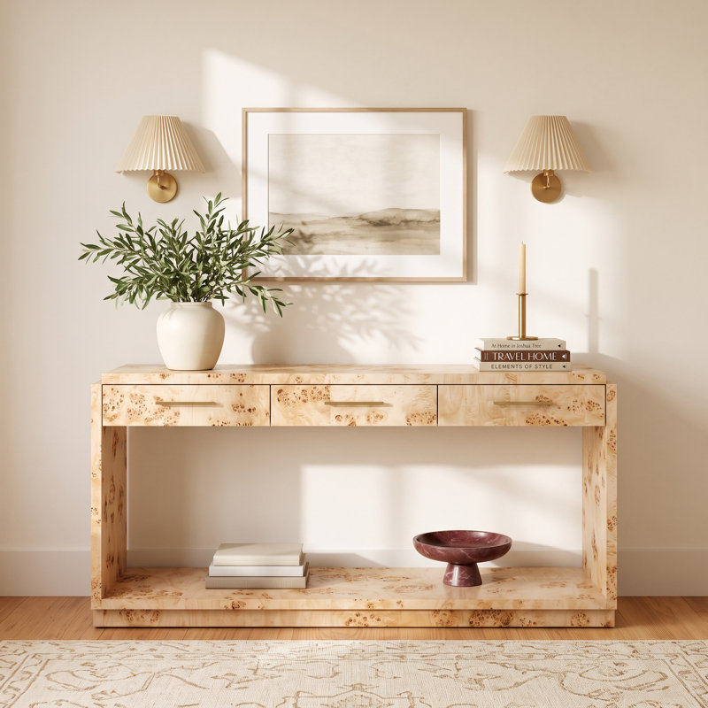 Kingston 60'' Console Table 3 Drawers Rectangular Top Floor Shelf Entryway Table, Light Brown