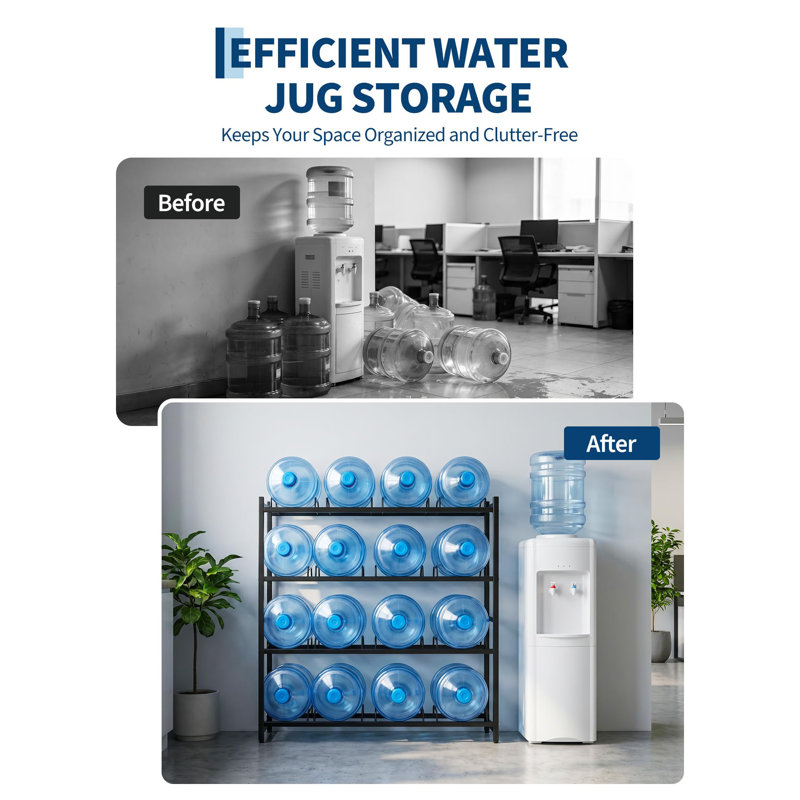 Support de rangement robuste à 4 niveaux pour cruche d'eau, pouvant contenir 16 bouteilles de 5 gallons, support de réservoir d'eau amovible en fonte noire, organisateur d'économie d'espace pour le bureau, la cuisine et le garage