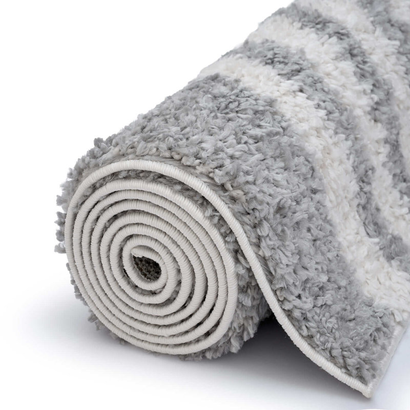 Moodi Modern Shaggy Area Rug Abstract Line Design, Off-White/Grey, Rectangle 80 x 150 cm
