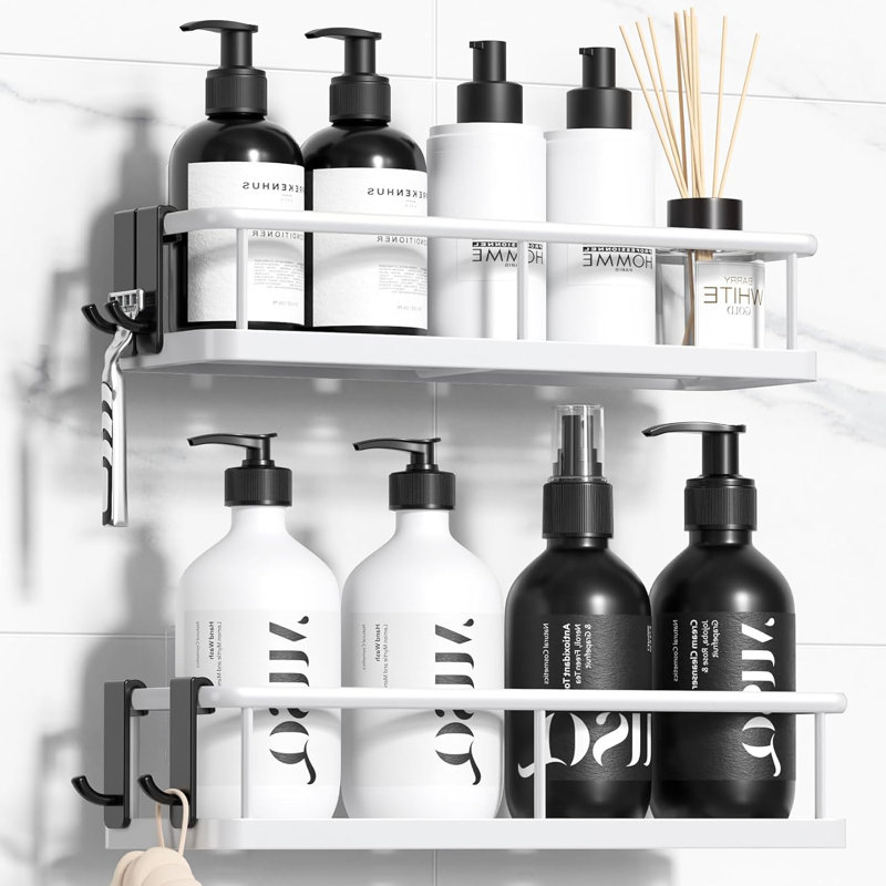 Ensemble de 2 organisateurs de douche de salle de bain adhésifs, sans perceuse avec crochets amovibles, Blanc