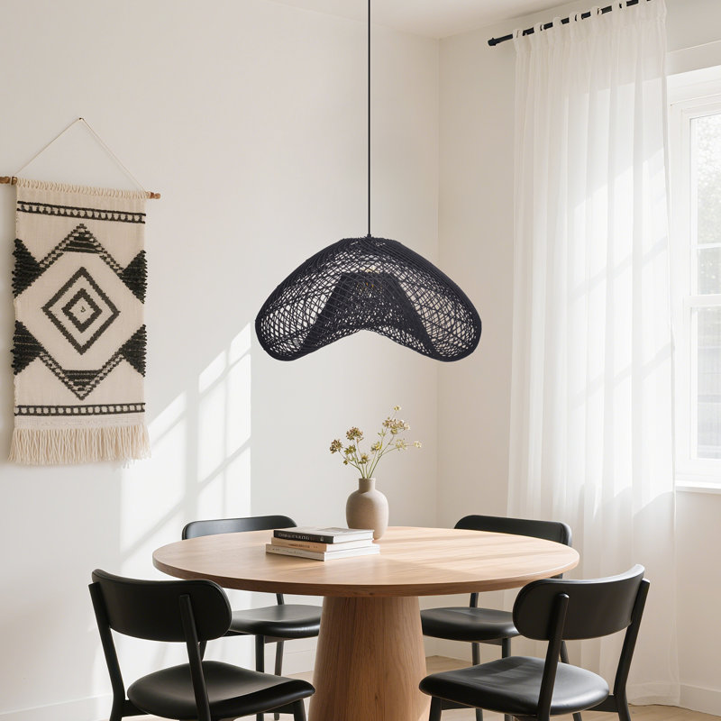 1-Light Pendant Lights Wicker Black, 11.02" H X 19.69" W X 19.69" D