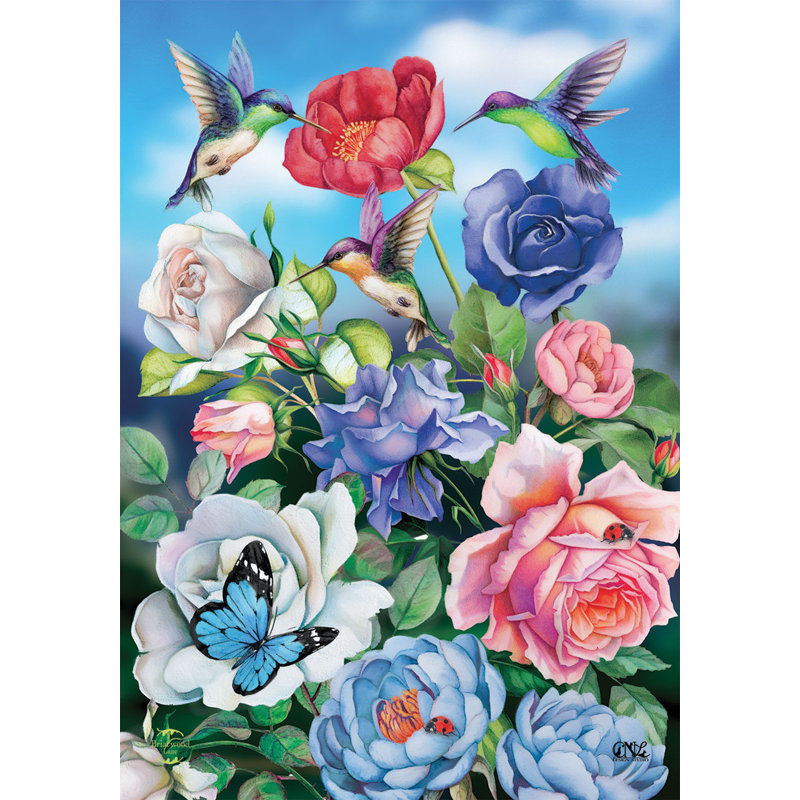 Drapeau maison colibri et roses