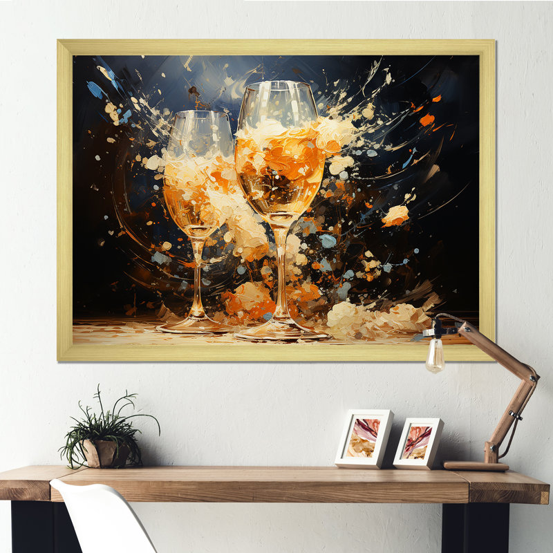 French Champagnes Cheers sur toile, Cadre doré simple, H 16 po x l 32 po x P 1 po