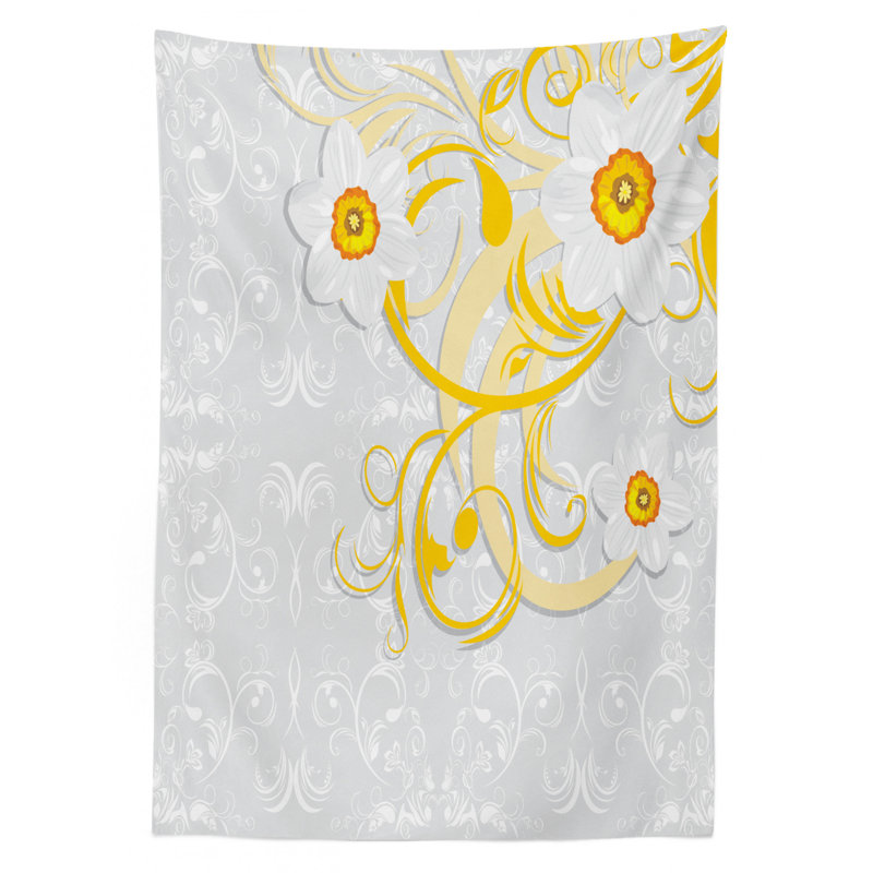 Daffodil Tablecloth, Daffodils On Ornate Background Floral Repeating Swirling Curves Spring Pattern, Rectangular Table Cover For Dining Room Kitchen Decor, 52" X 70", Grey Yellow