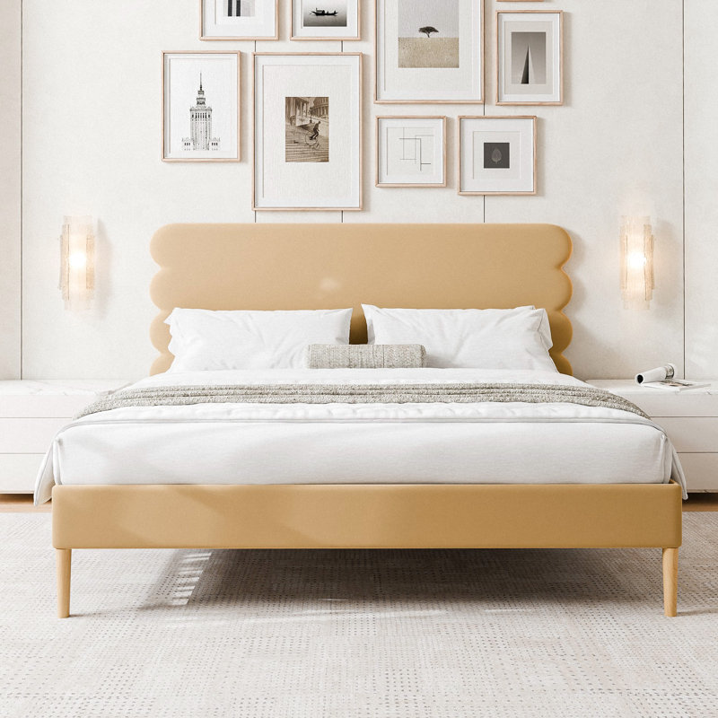 Velvet Henley Upholstered Scalloped Bed, King Size Bed Frame with Headboard, King, Brown