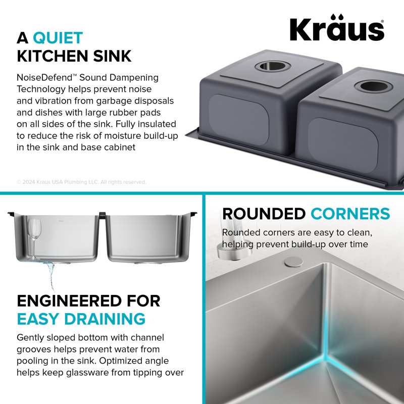 KRAUS Fairlane 18-Gauge Stainless Steel Kitchen Sink, Double Equal Bowl, 9" H x 33" L x 22" W