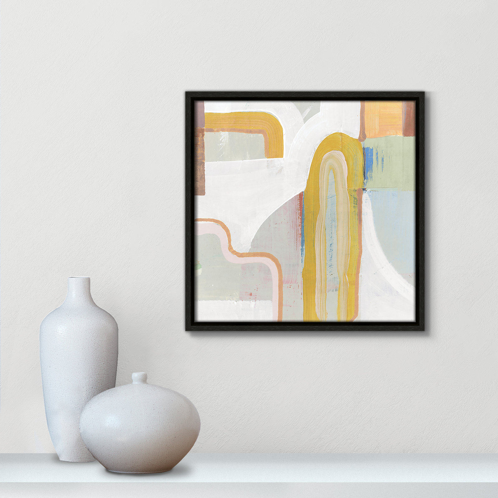 Together Again II by Cartissi - Floater Frame Painting on Canvas, 13.5" H x 13.5" W x 2" D, Espresso 