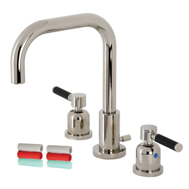 Kingston Brass Kaiser Two-Handle 3-Hole Deck Mount Widespread Bathroom Faucet with Brass Pop-Up Drain, Polished Nickel