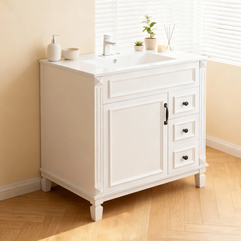Meuble-lavabo simple 30 po avec lavabo moderne autoportant, Blanc