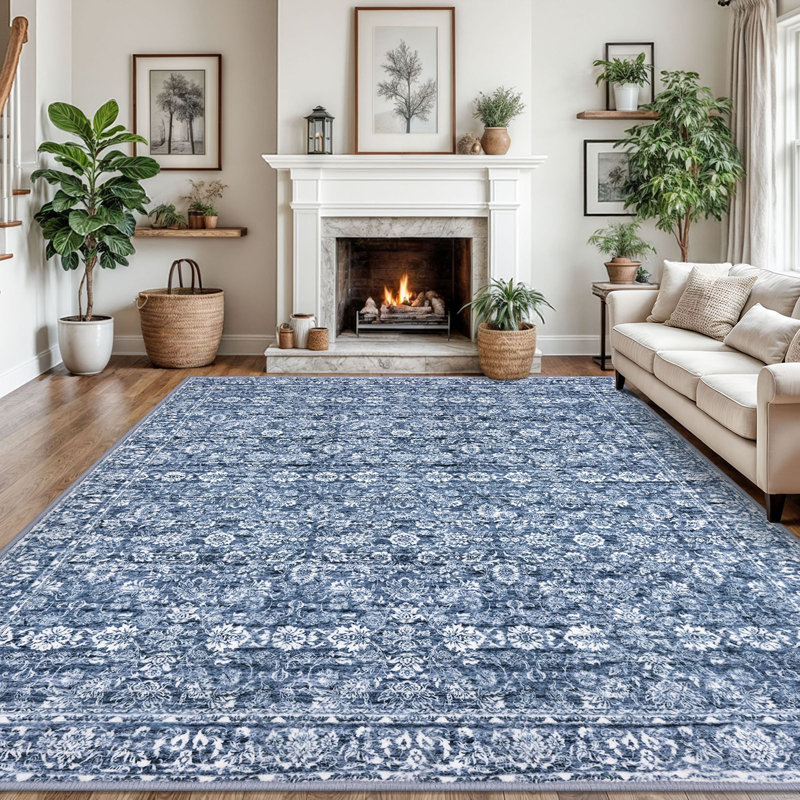Blue Area Rugs Washable Rug for Living Room Bedroom Rug with Rubber Backing, Rectangle 9' x 12'