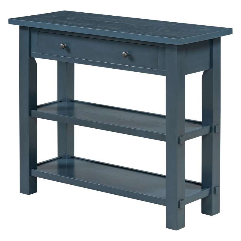 Retro Console Table With Drawer And Two Sturdy Shelves For Entryway, Living Room, Navy