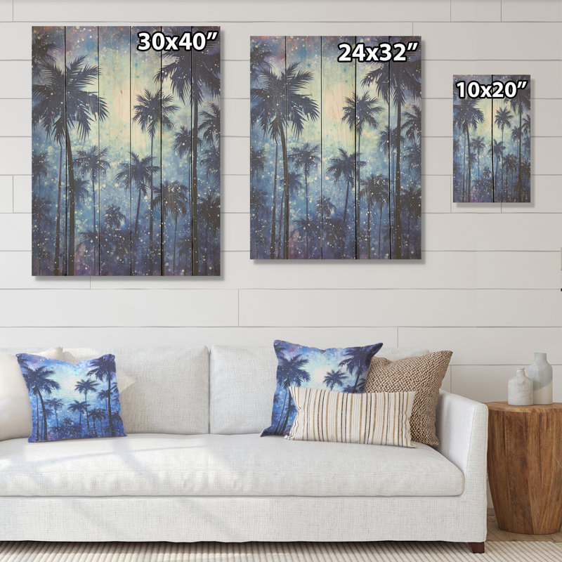 Indigo Mystical Plam Tree Magic Impressions - Palms & Palm Trees Wood Art On Natural Pine Wood, 40" H x 30" W
