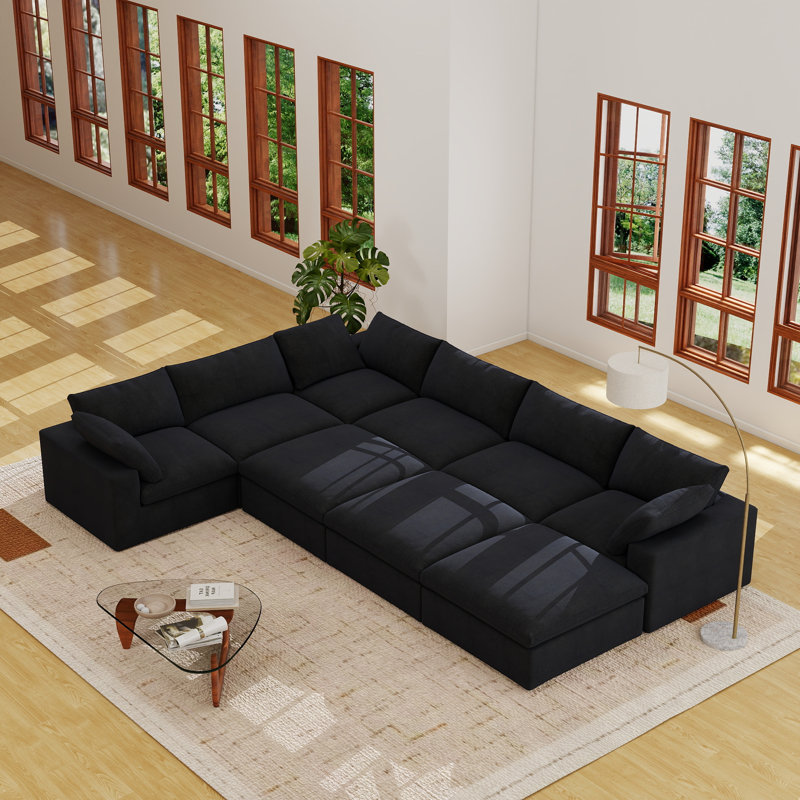 Canapé modulaire rembourré en lin avec repose-pieds 9 pièces Kenda, Mélange de lin noir / lin