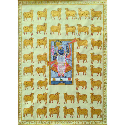 Shrinathji avec bonté de vache - art Pichwai | Aquarelle sur toile | Par Jagriti Bhardwaj