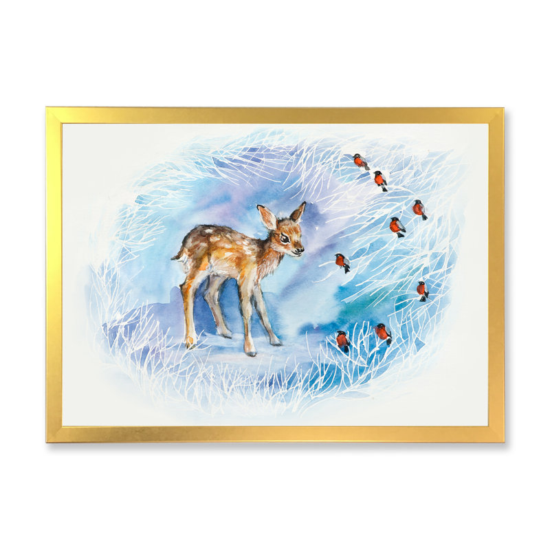 «Fawn and bullfinches in Winter Composition», reproduction sur toile, H 12 po x l 20 po x P 1 po, Cadre photo doré