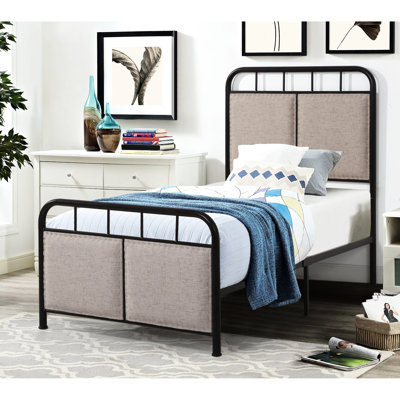 Metal Bed Frame For Twin With Linen Upholstery - Modern Bedroom Essential, Strong & Stable, Silent Sleep, Easy To Assemble, No Box Spring Required, Beige, 250 Lbs Weight Bearing Capacity Upholstered