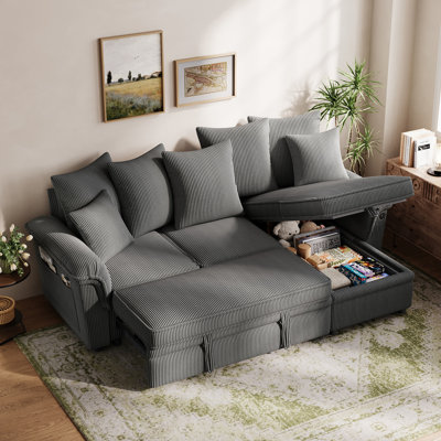 Felipe Corduroy Reversible Sectional Sofa Bed With Storage Chaise And 7 Pillows, Modular L-Shaped Sleeper With USB Charging
