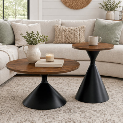 Ensemble de tables basses 2 pièces Modern Modern Sculptural avec conception emboîtable, plateaux à motif grain de bois et bases en acier pour le salon, le salon et la chambre à coucher