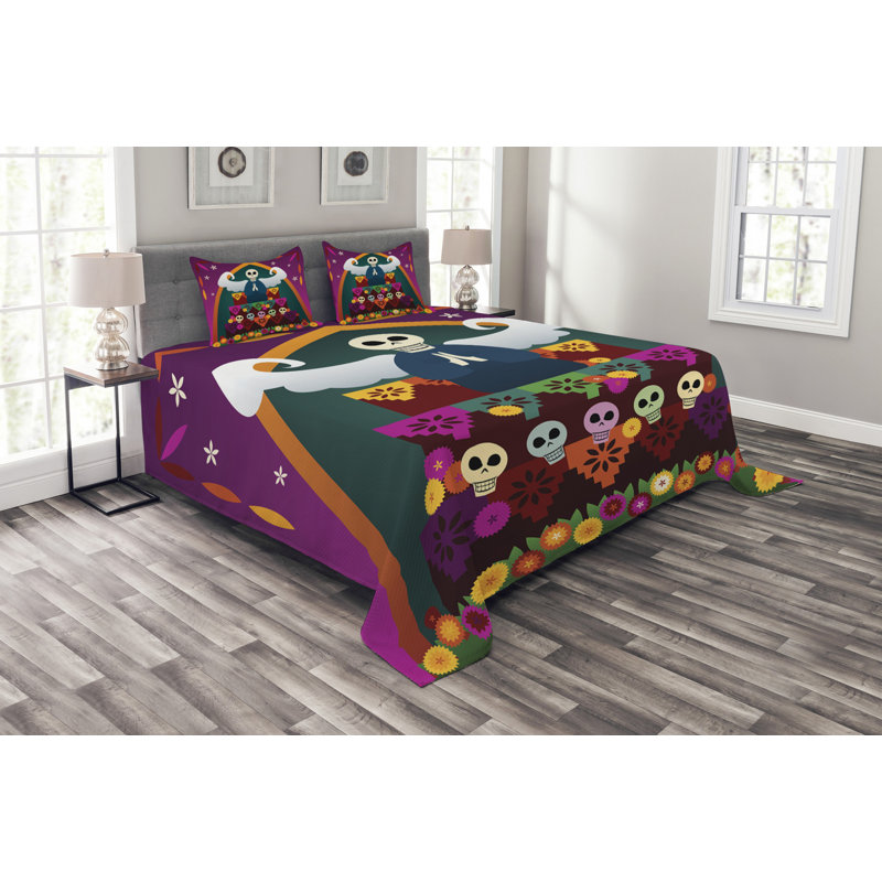 Adaiyah Purple/Green Microfibre Bedspread Set, 220 x 264 cm