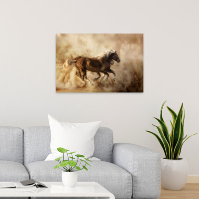 Chevaux majestueux dans la poussière - Paysage équestre abstrait contemporain - Affiche murale nature
