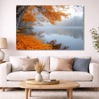 Art automnal sur rivière, toile Misty Forest, berge brumeuse