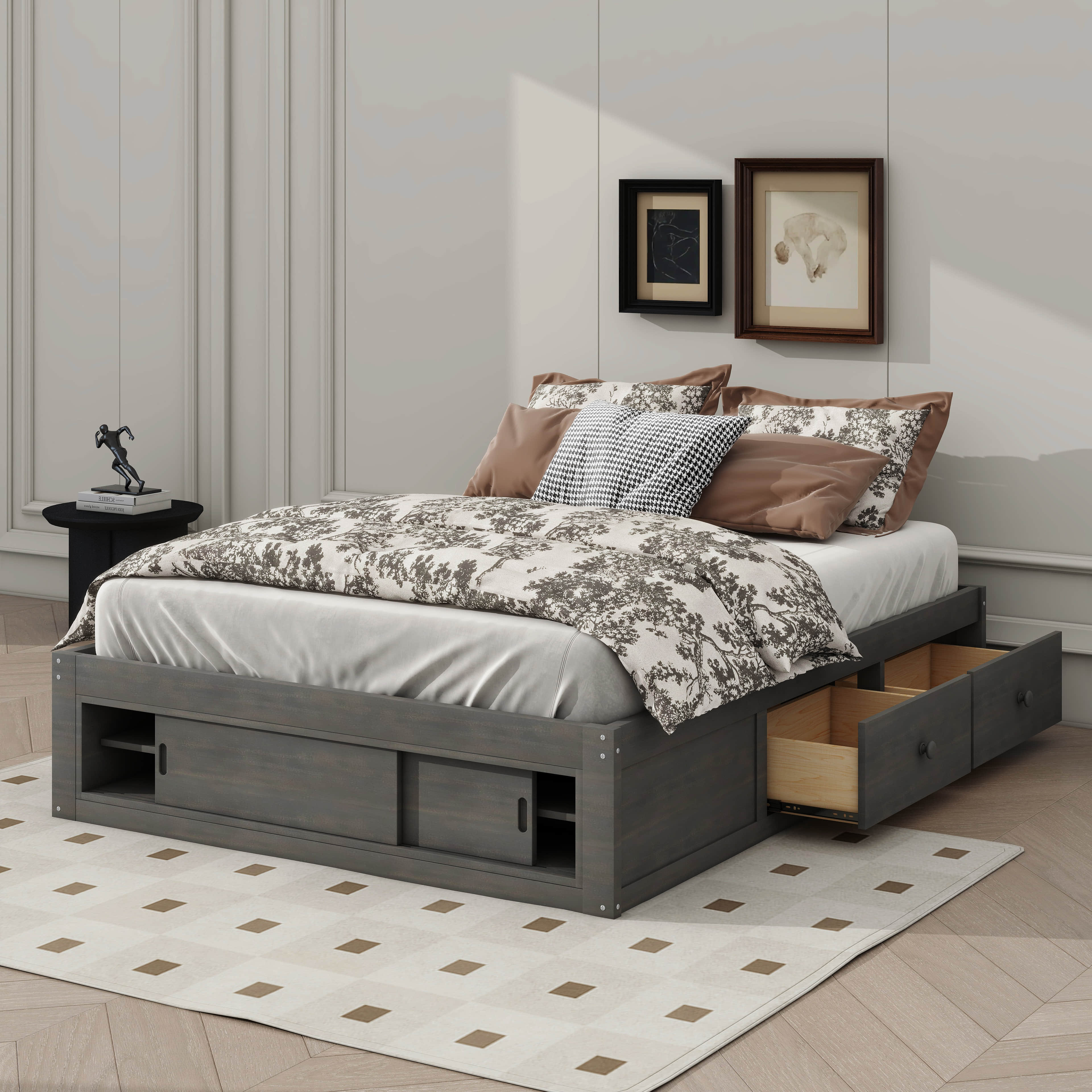 Ebern Designs Queen Size Platform Bed Frame Featuring Four Drawers And ...