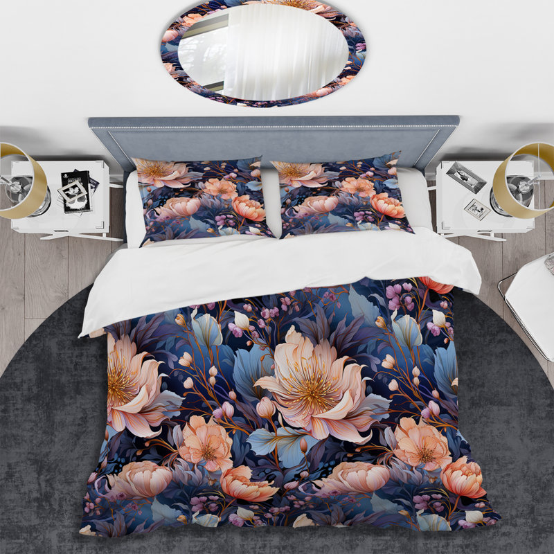 Literie mystique à motif floral botanique rose et bleu, Housse de couette simple + 1 taie décorative stan