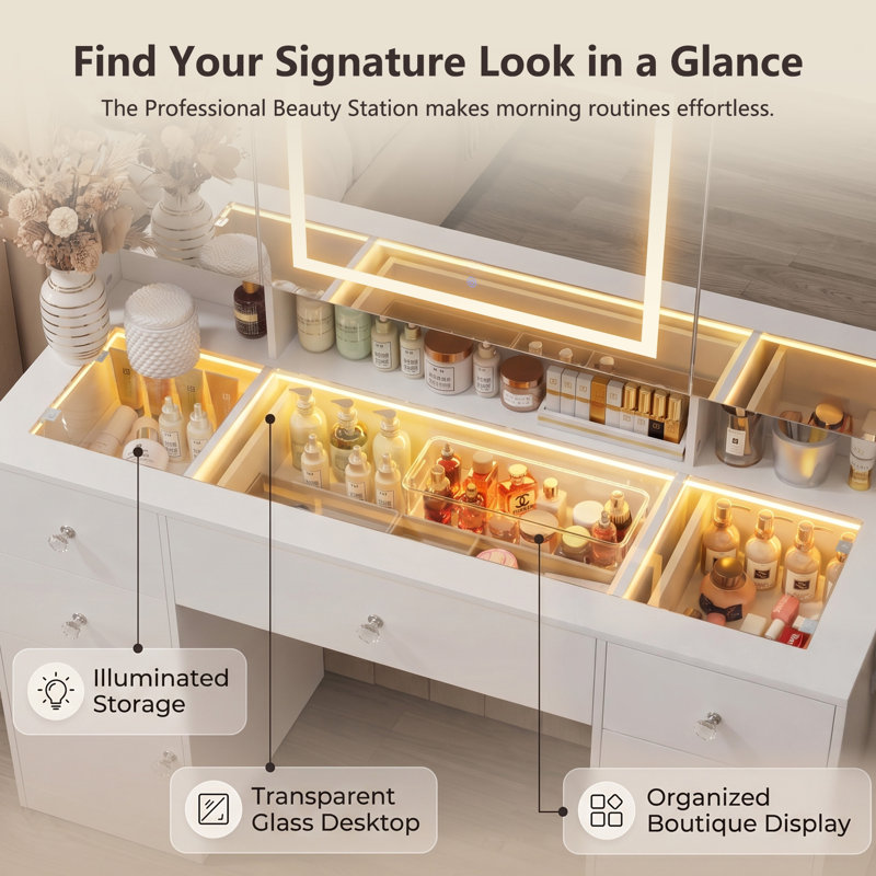 47"W LED Lighted Vanity Desk with Storage Drawers & Power Outlet, White